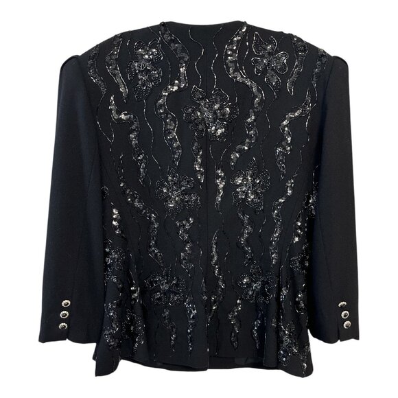 Vintage Nolan Miller Beaded Wool Blazer Jacket Black Floral Sequin Embellished S - Picture 5 of 6